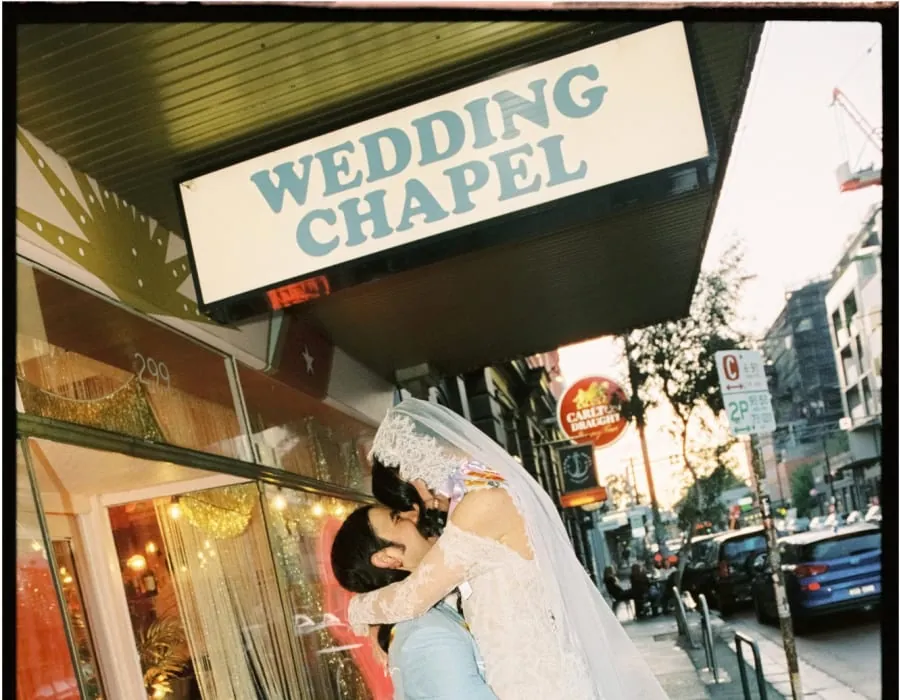 Hannah and Jay outside The Altar Electric wedding chapel